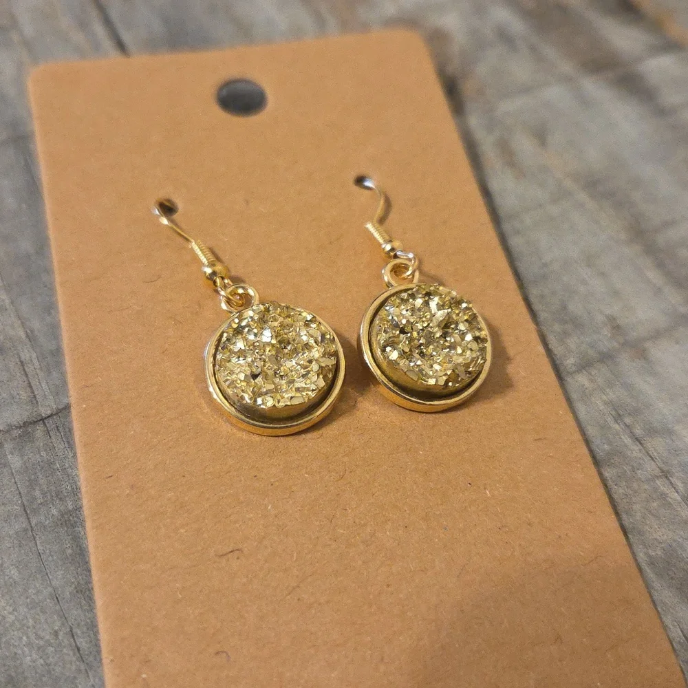 NEW Druzy Sparkly Drop Crystal Round Pendant Dangly Earrings Gold Gem & Gold